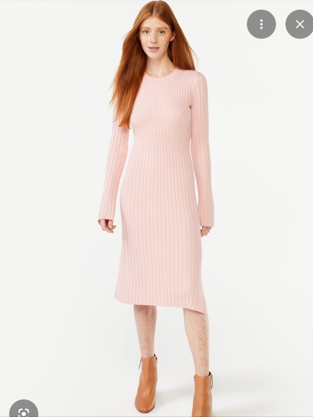 Slim Ribbed Long-Sleeve Midi Dress in Blush Pink
